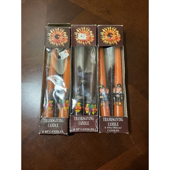 3 Sets Of Vintage Pair Thanksgiving Pilgrim/Cornucopia Taper Candles 10" in Box - Picture 1 of 5